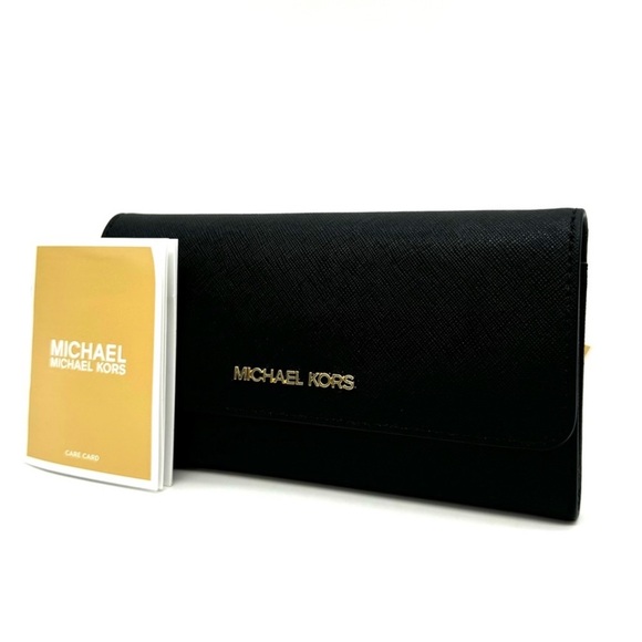 Michael Kors Large Trifold Wallet Black Leather Black/Gold - Picture 1 of 8